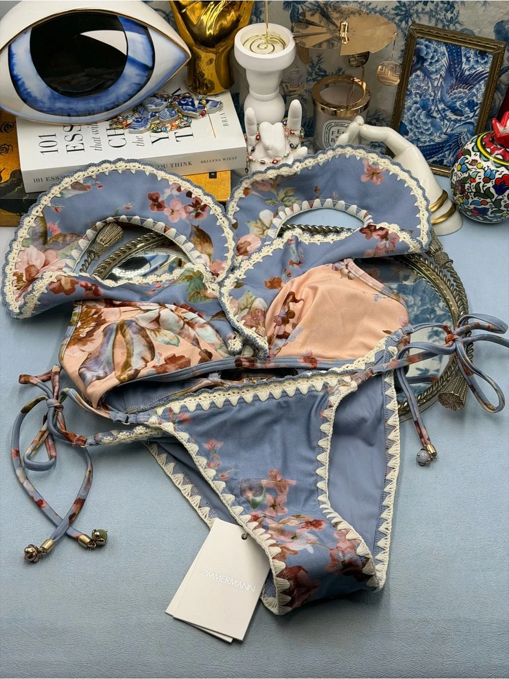 🆕 ZIMMERMANN 🧿 NWT Awaken Crochet Frill Bikini, Spliced Floral - Sz 0 US 4